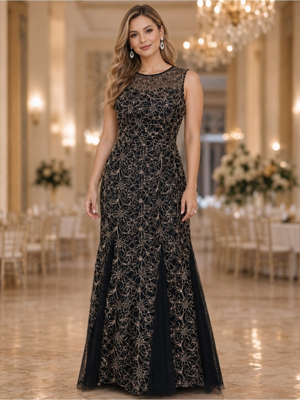 Long Fitted Mermaid sleeveless crew neckline gown